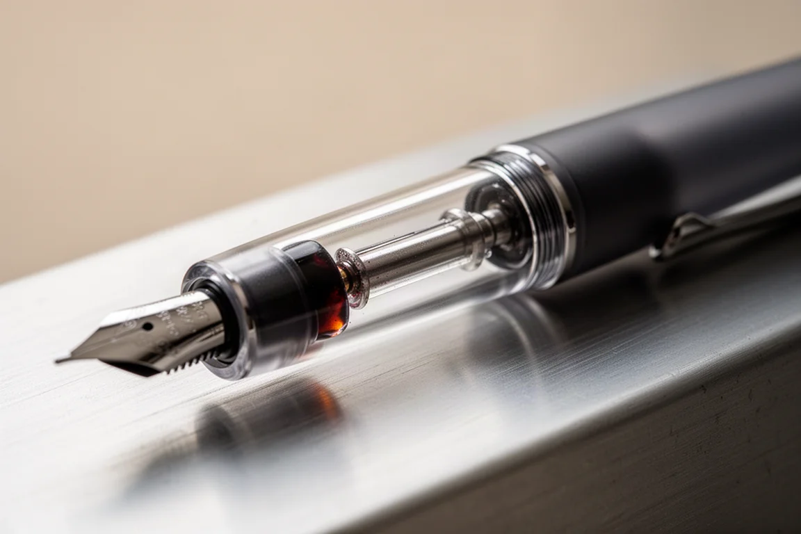 Grand réservoir d'un stylo plume à piston montrant un réservoir d'encre presque plein