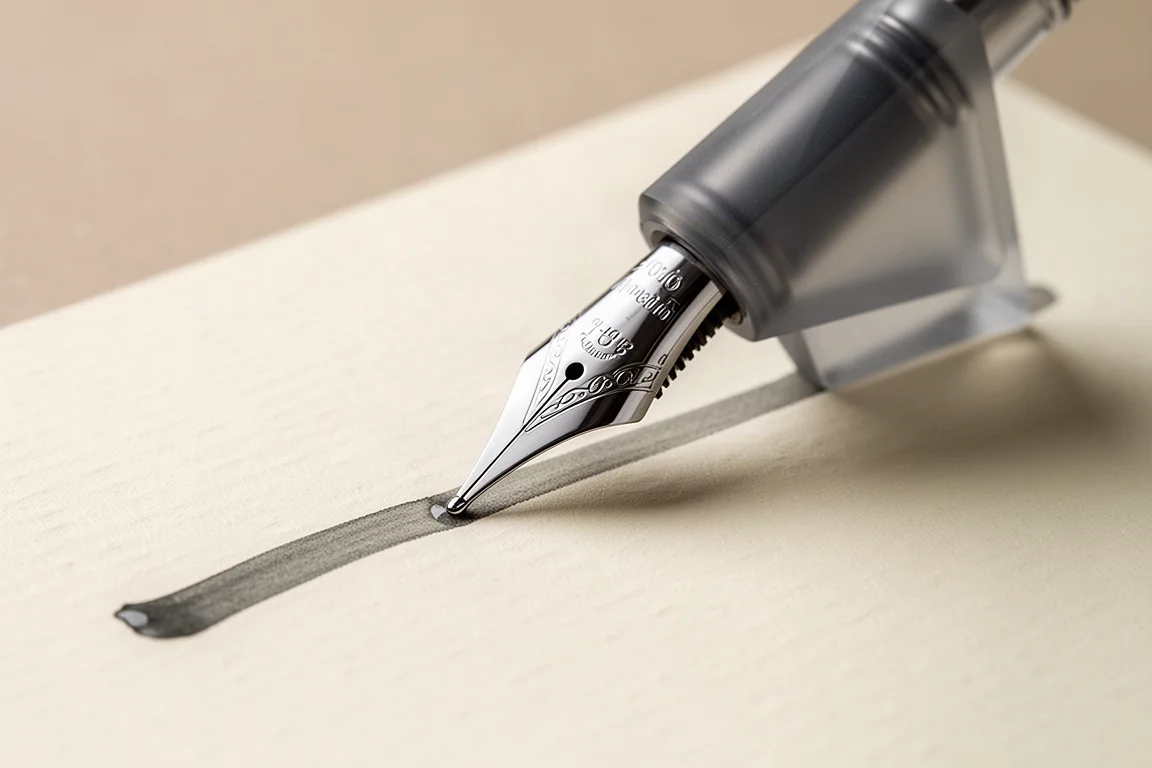 Plume de stylo plume traçant un trait large sur du papier crème avec une encre grise