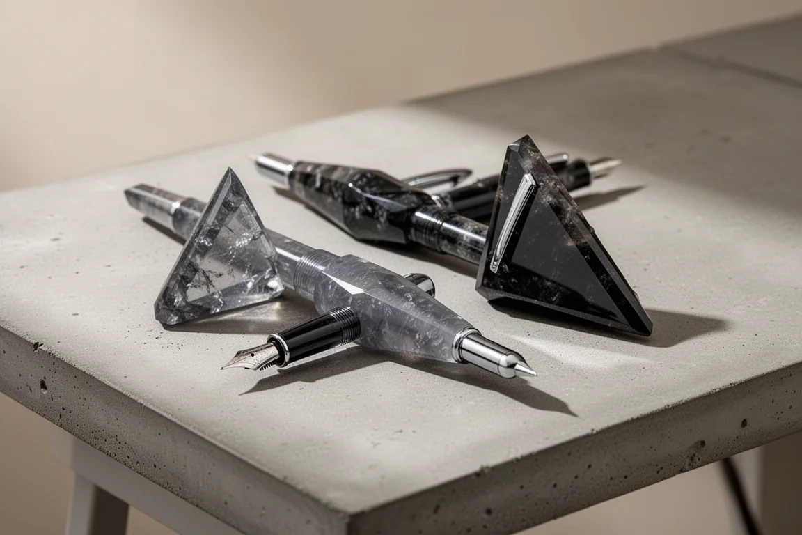 Deux grands stylos plumes triangulaires côte à côte sur un bureau pour comparer les tailles