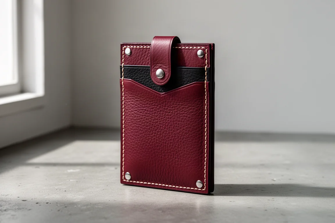 Bordeauxrotes und schwarzes minimalistisches Leder-Wallet mit silbernen Nieten auf einer Betonfläche