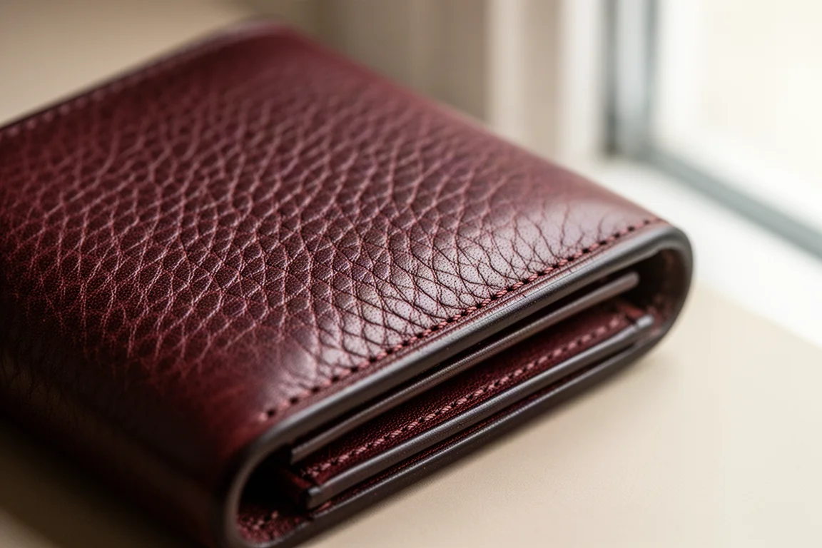 Close-up of pebble-grain mahogany leather wallet texture on a wooden surface