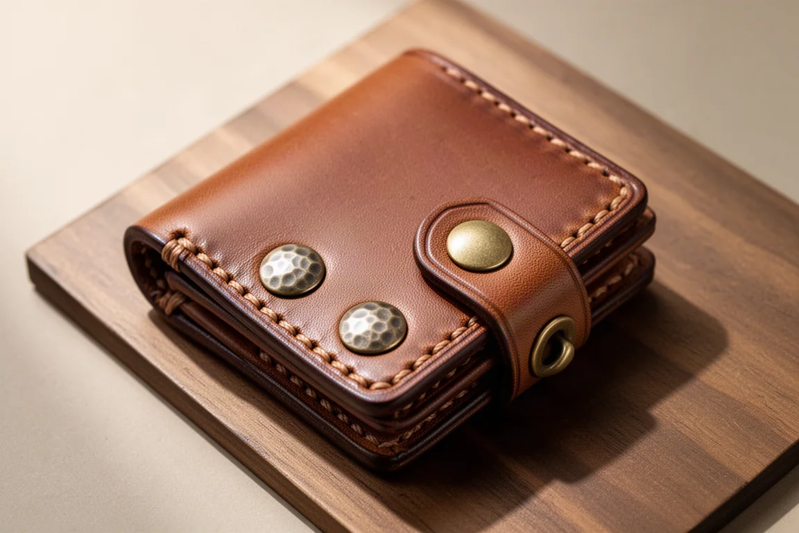 Hand-stitched leather wallet detail showing loop stitching and hammered rivets
