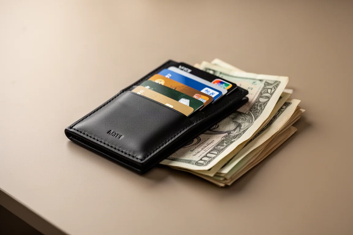 Minimalist wallet loaded with cards and folded cash on a desk