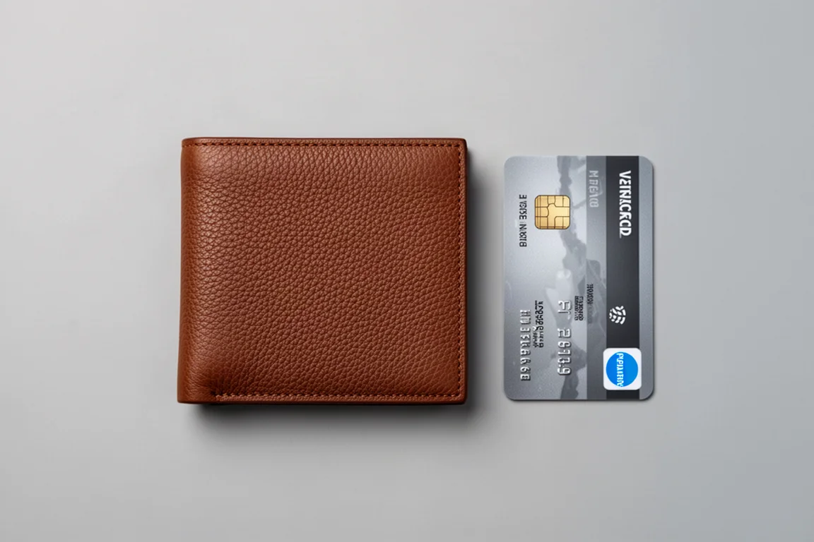 Slim minimalist wallet resting beside a credit card for size comparison