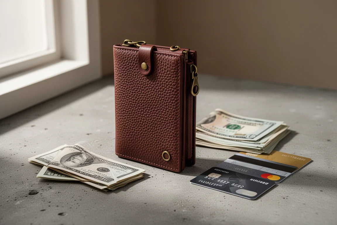 Mahogany pebble-grain minimalist wallet with brass hardware on concrete surface