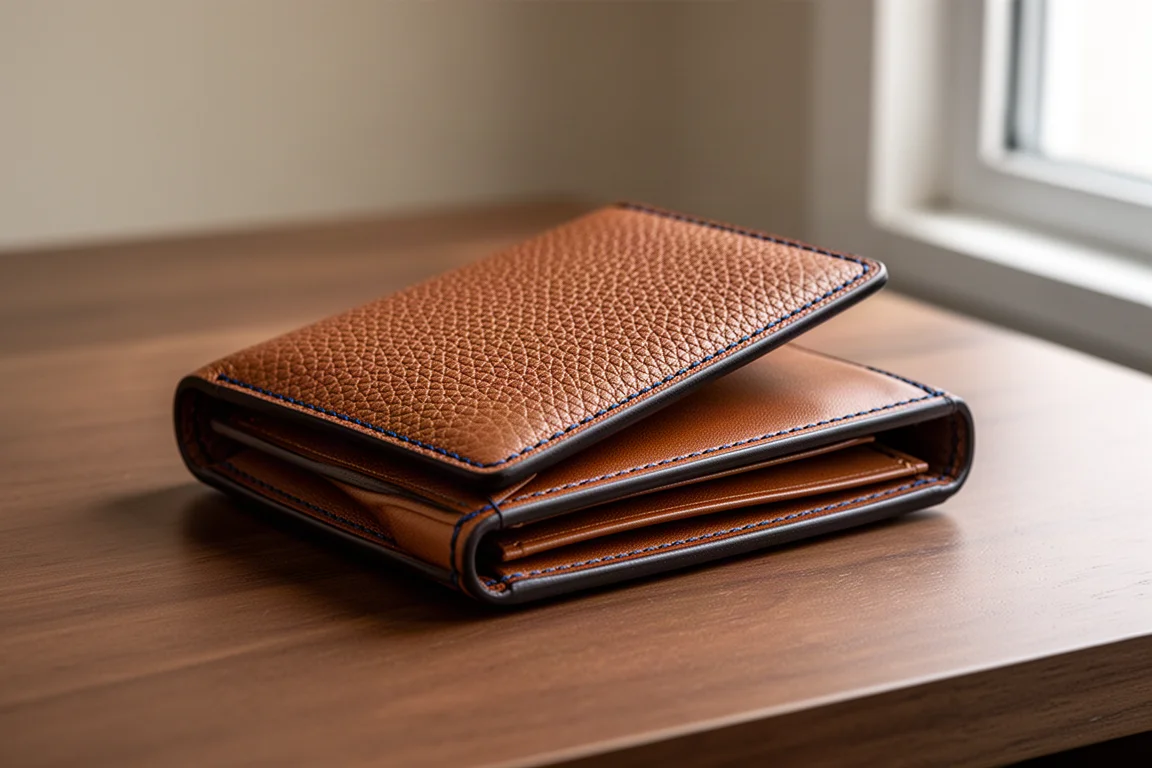 Cartera de cuero granulado color whisky con costura azul marino sobre un escritorio de madera