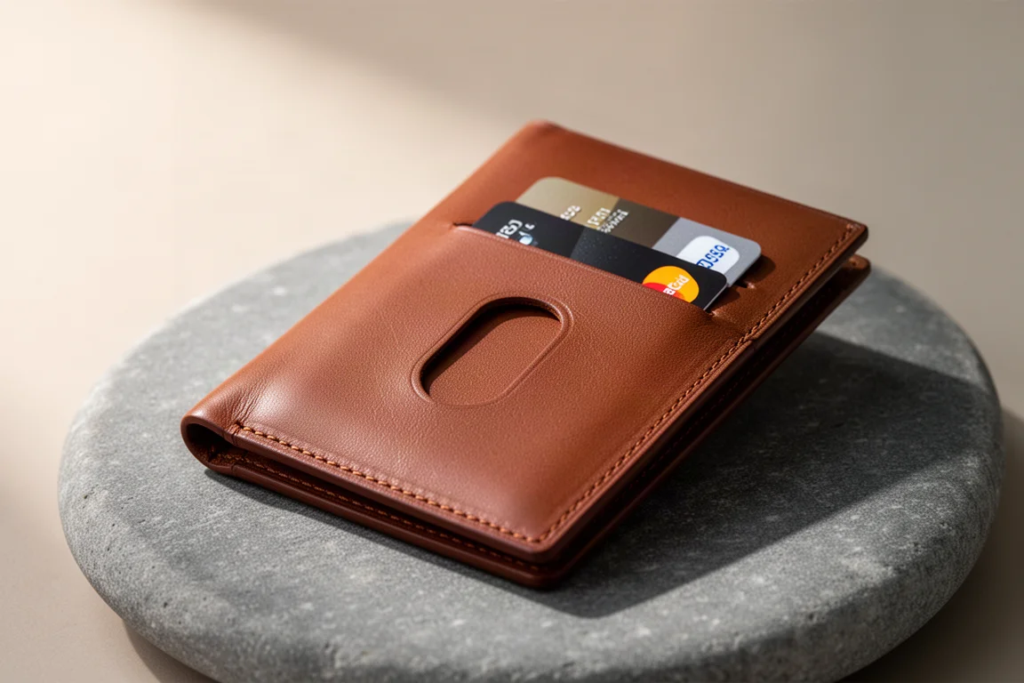 Cartera con tarjetas medio extraídas del bolsillo trasero de acceso rápido