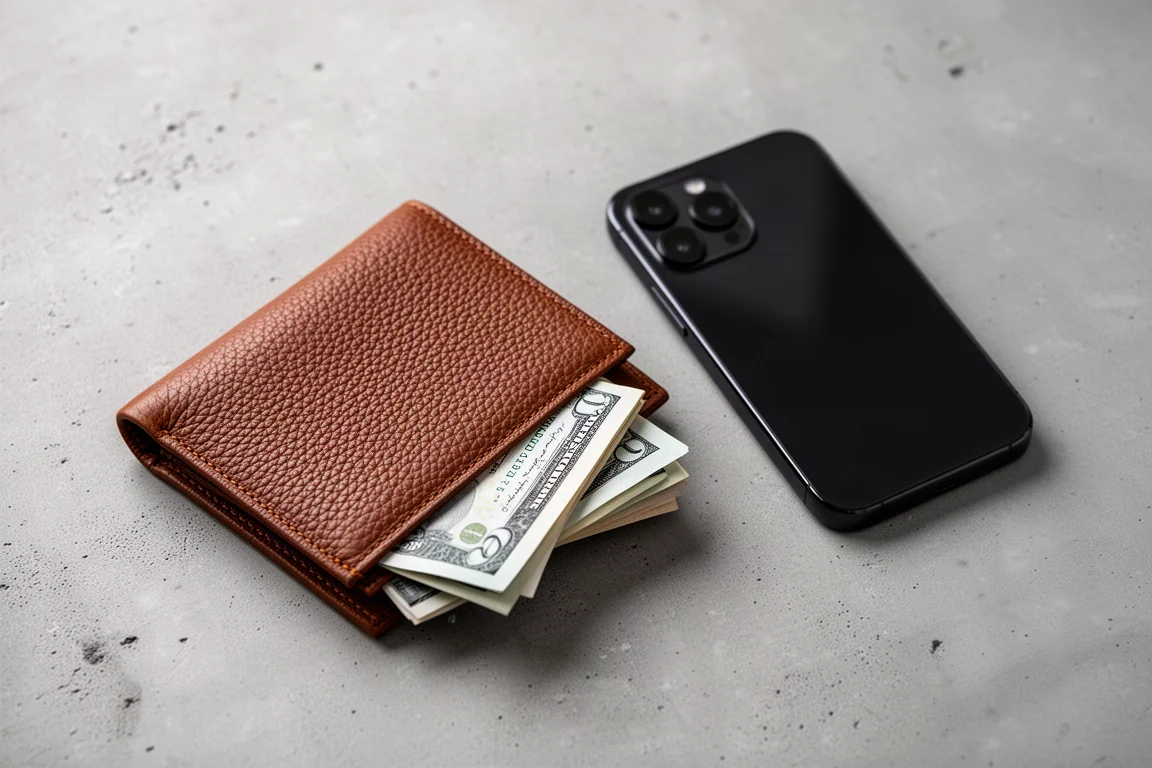 Billetes doblados guardados en una cartera de cuero junto a un smartphone como referencia de tamaño
