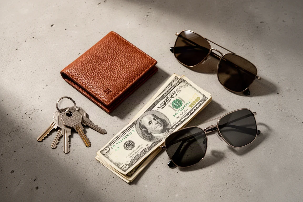 Flat-lay de uso diario con cartera de cuero, llaves y gafas de sol sobre hormigón