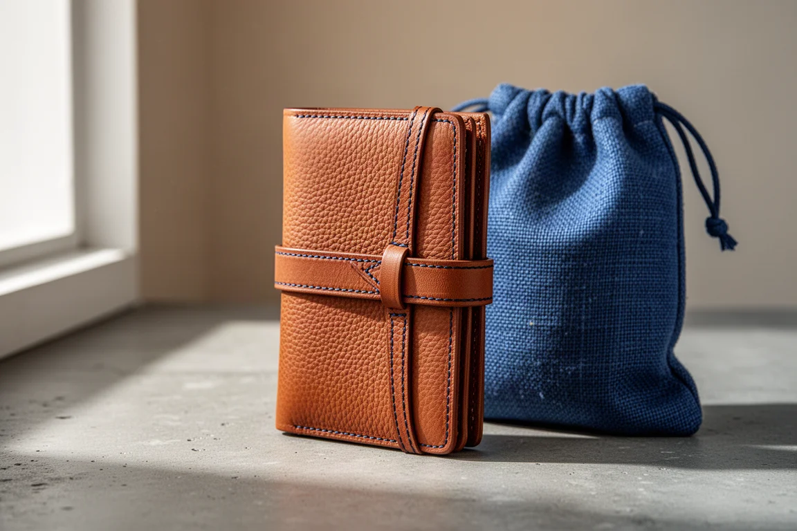 Whiskey brown pebble grain leather wallet with navy stitching beside a blue burlap pouch