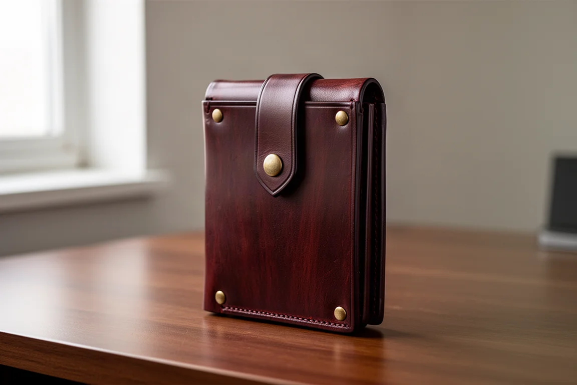 Primo piano di un portafoglio in pelle color mogano scuro con rivetti martellati a mano su una scrivania in legno