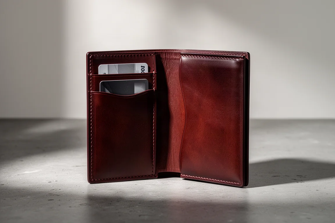 Portafoglio minimalista in pelle aperto per mostrare le tasche portacarte interne con una singola card