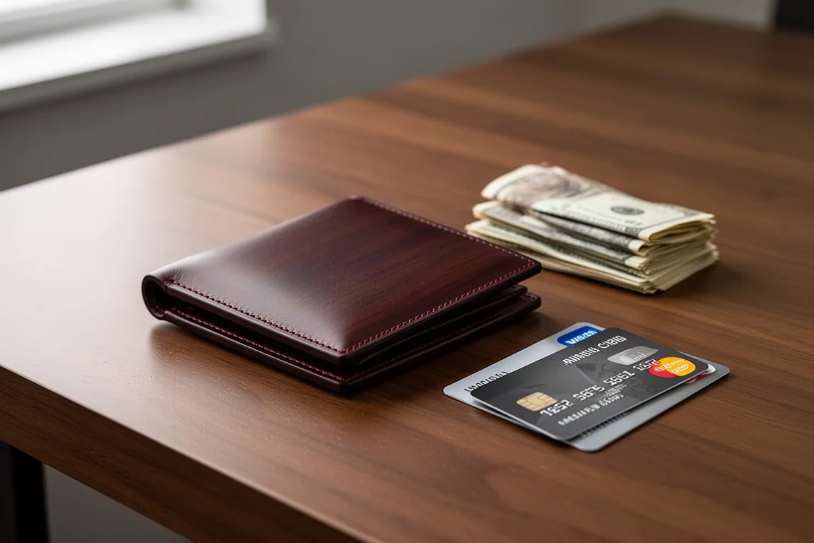 Portafoglio minimalista in pelle su una scrivania con banconote piegate e alcune carte di credito nelle vicinanze