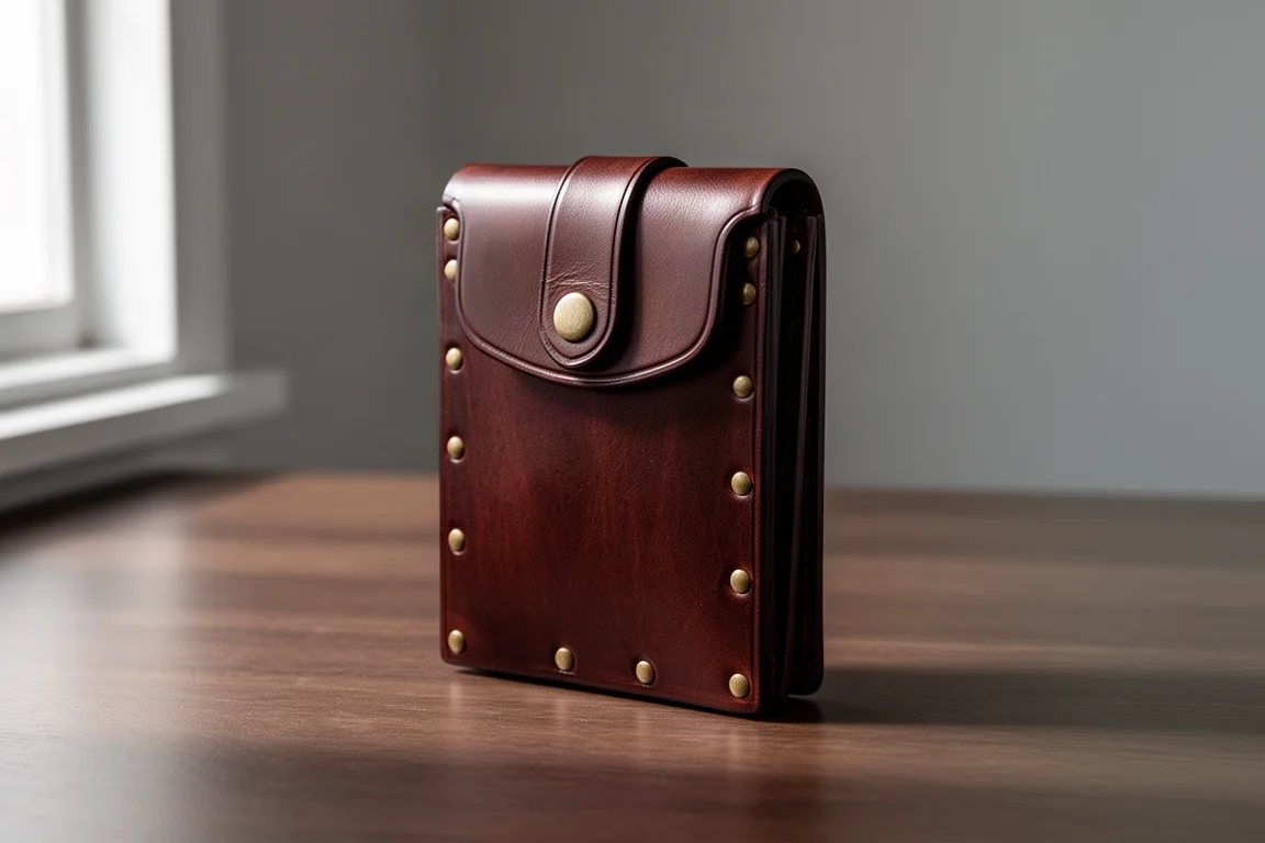 Dark mahogany minimalist leather wallet with hand-hammered rivets on a wooden desk