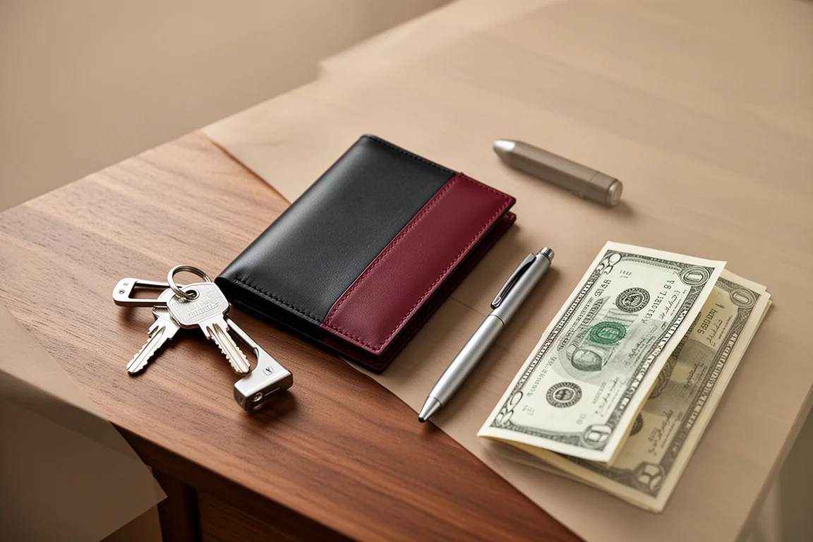 Composición de objetos cotidianos con una cartera delgada, llaves y un bolígrafo sobre un escritorio