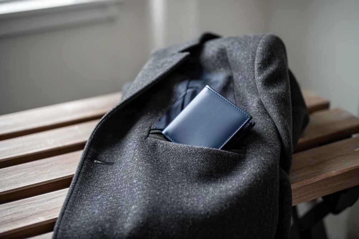 Escena manos libres de una cartera siendo extraída del bolsillo de una chaqueta