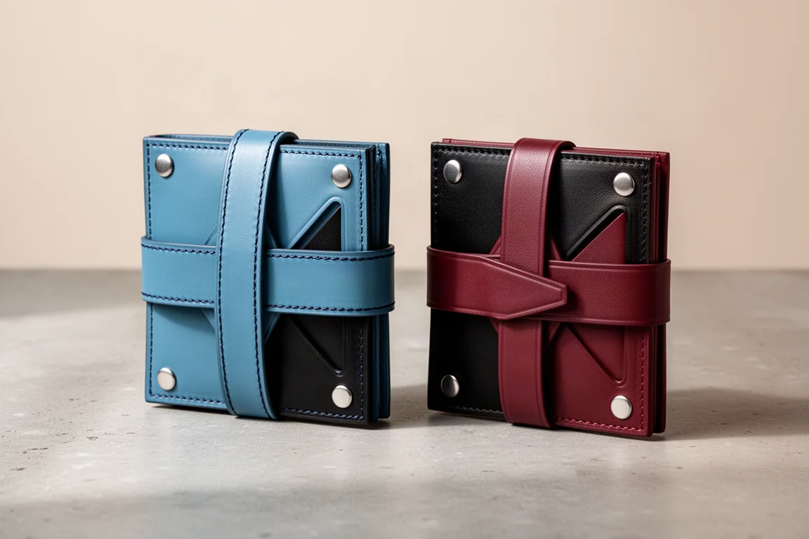 Original and Slim Swaddle leather wallets side by side on a concrete surface