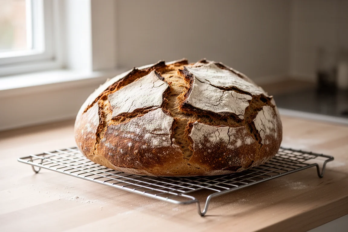 Frisch gebackenes Sauerteigbrot, das in einer hellen Küche auf einem Abkühlgitter auskühlt