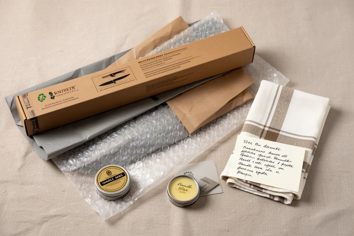 Mehrlagige Verpackungsmaterialien und eine handgeschriebene Notiz, auf einem Tisch arrangiert