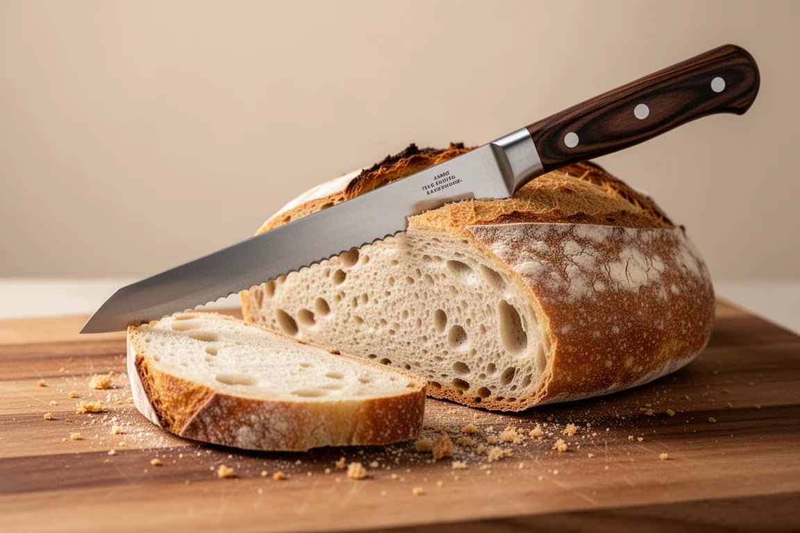 Wellenschliff-Brotmesser schneidet durch ein dickes, knuspriges Sauerteigbrot