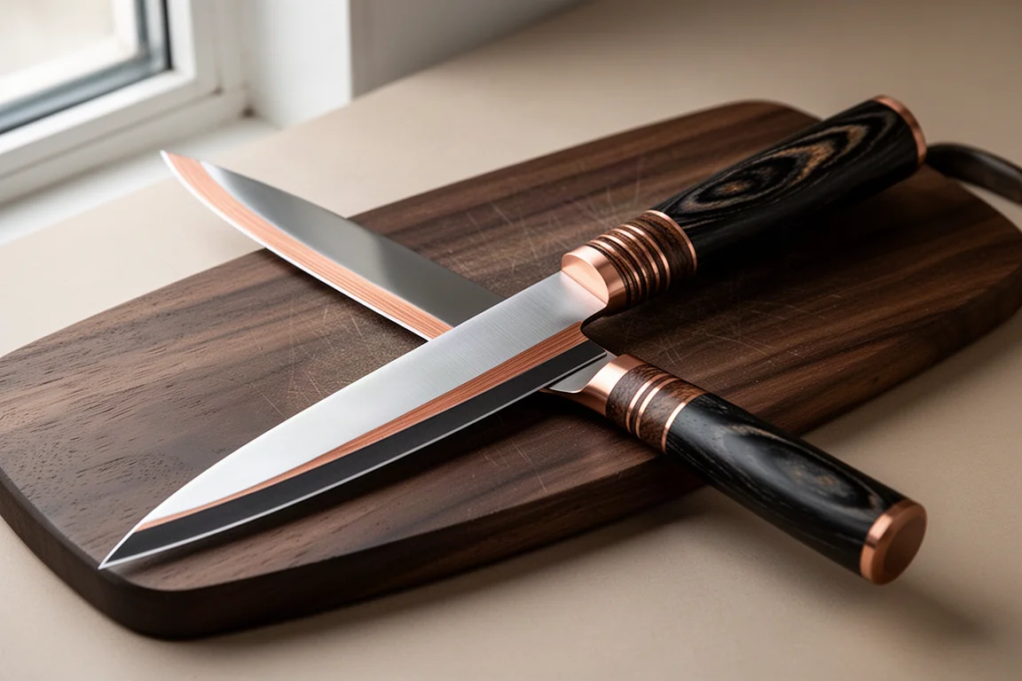 Willow Forge Sakimaru Brotmesser mit dunkler geätzter Klinge und Ebenholzgriff auf einem Holzbrett