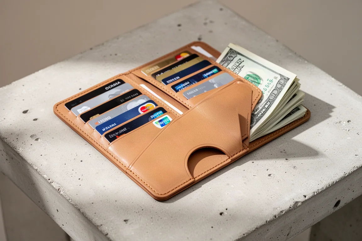 Portemonnee gevuld met creditcards en gevouwen briefgeld op een tafelblad