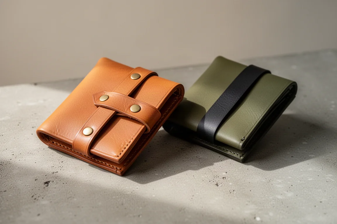 Two handmade leather minimalist wallets, one tan and one olive, on a concrete surface