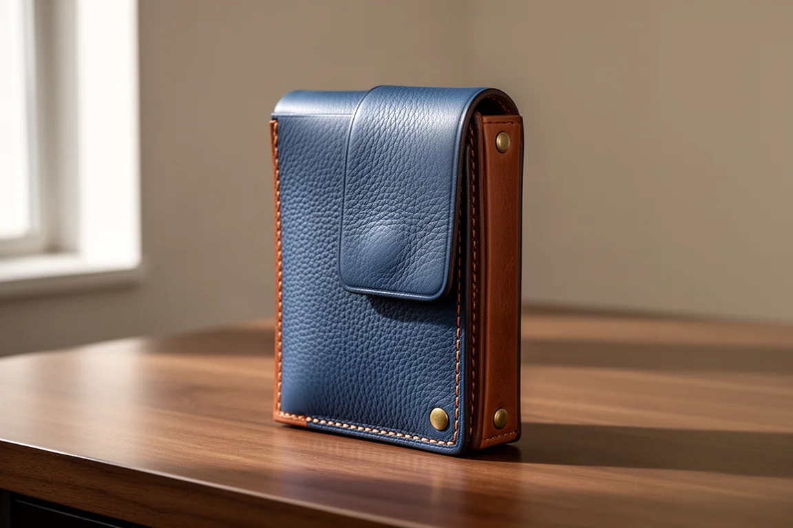Portafoglio minimalista in cuoio blu e marrone con lembo su una scrivania di legno