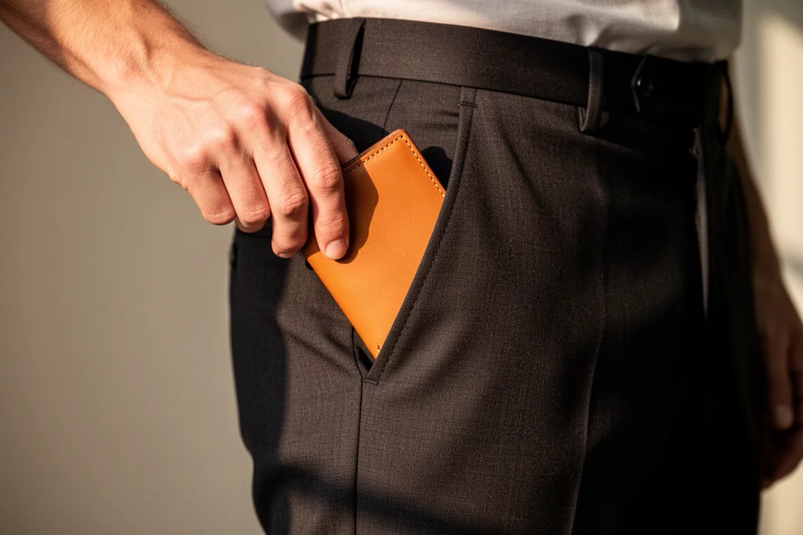 Eine Person schiebt eine Lederbörse in die vordere Tasche einer Hose