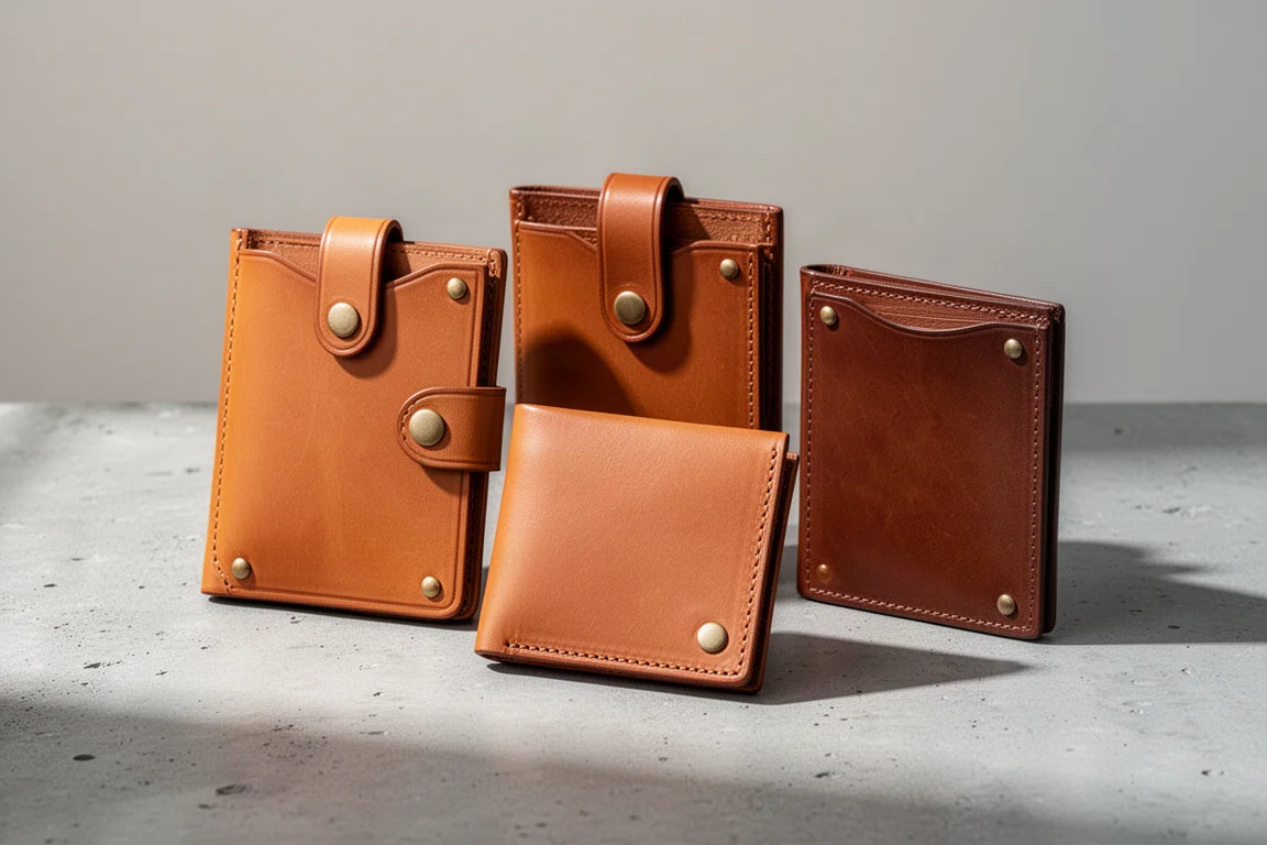 Three tan leather swaddle-style wallets of different sizes arranged on a concrete surface