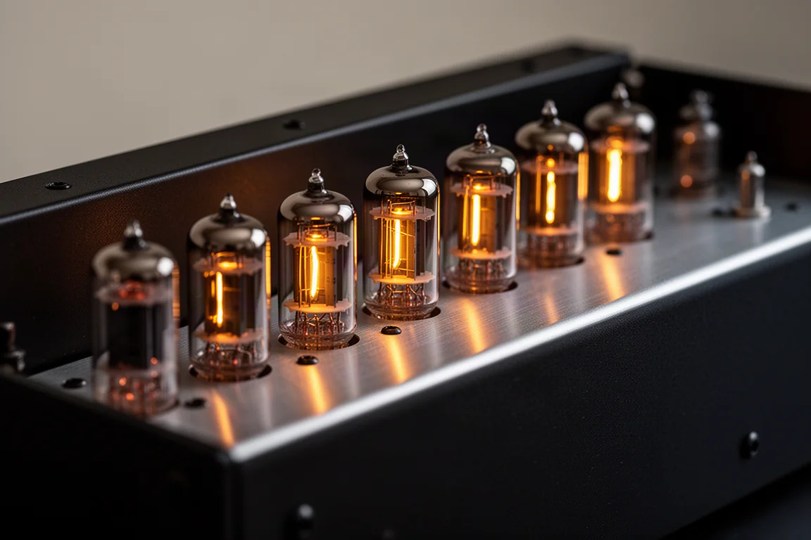 Primo piano di valvole termoioniche incandescenti alloggiate in uno chassis scuro di amplificatore