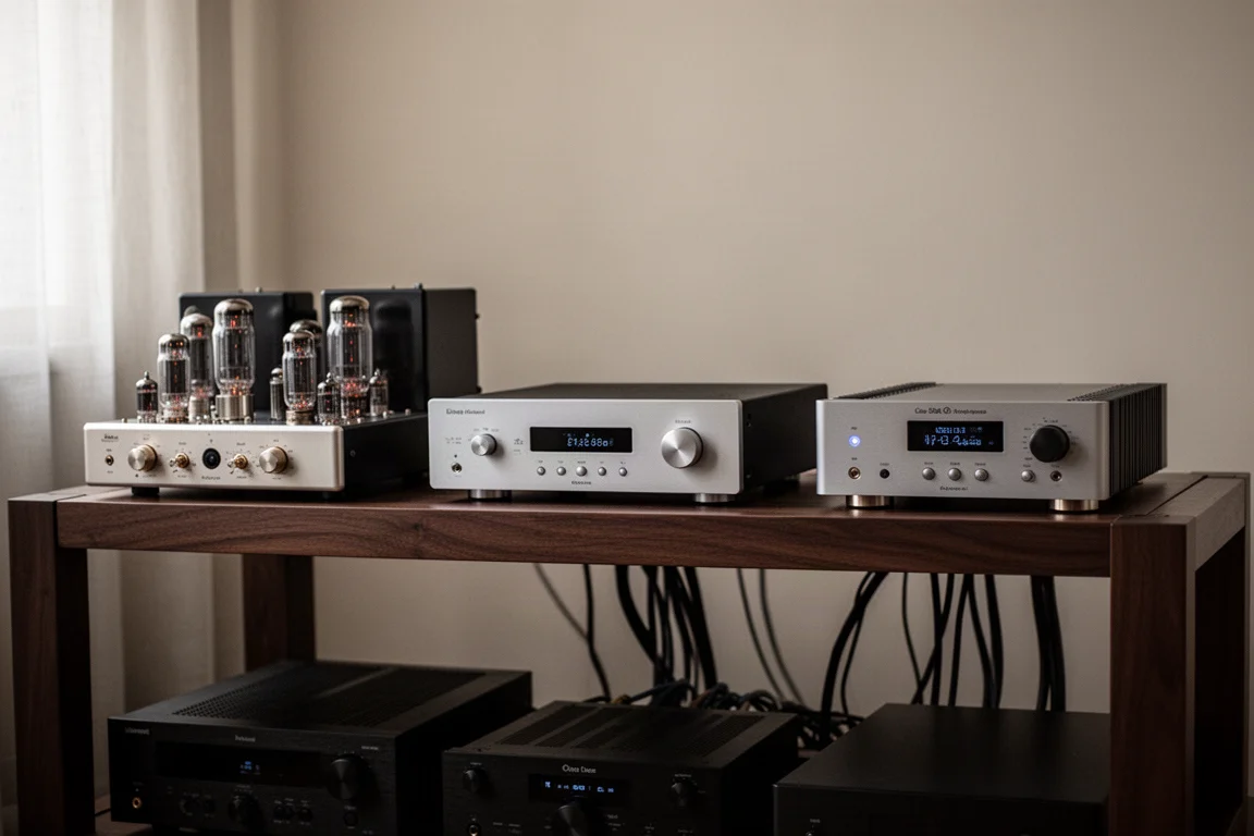 Tre amplificatori hi-fi disposti in fila su un rack in legno scuro per apparecchiature