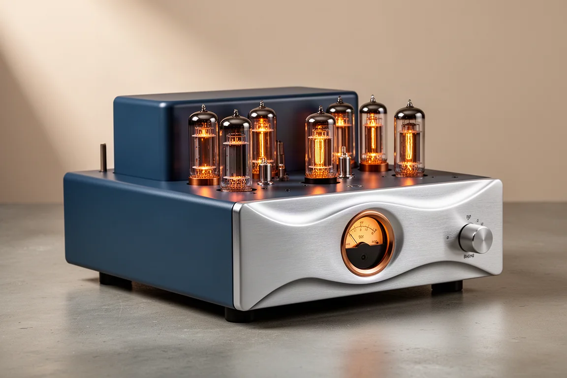 Full-width valve amplifier with deep blue-grey chassis, aluminium front panel and glowing tubes