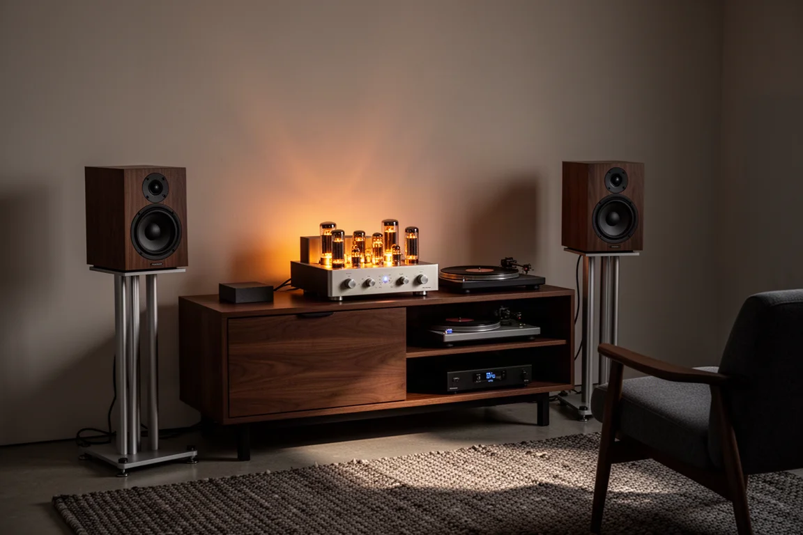 Salon d'écoute le soir avec un amplificateur à tubes, des enceintes bibliothèque et une platine vinyle