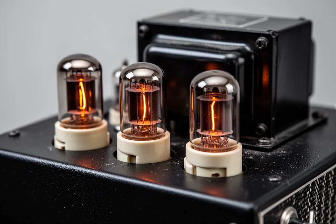 Gros plan sur quatre tubes de puissance en verre luisants montés dans leurs supports sur le châssis d'un amplificateur
