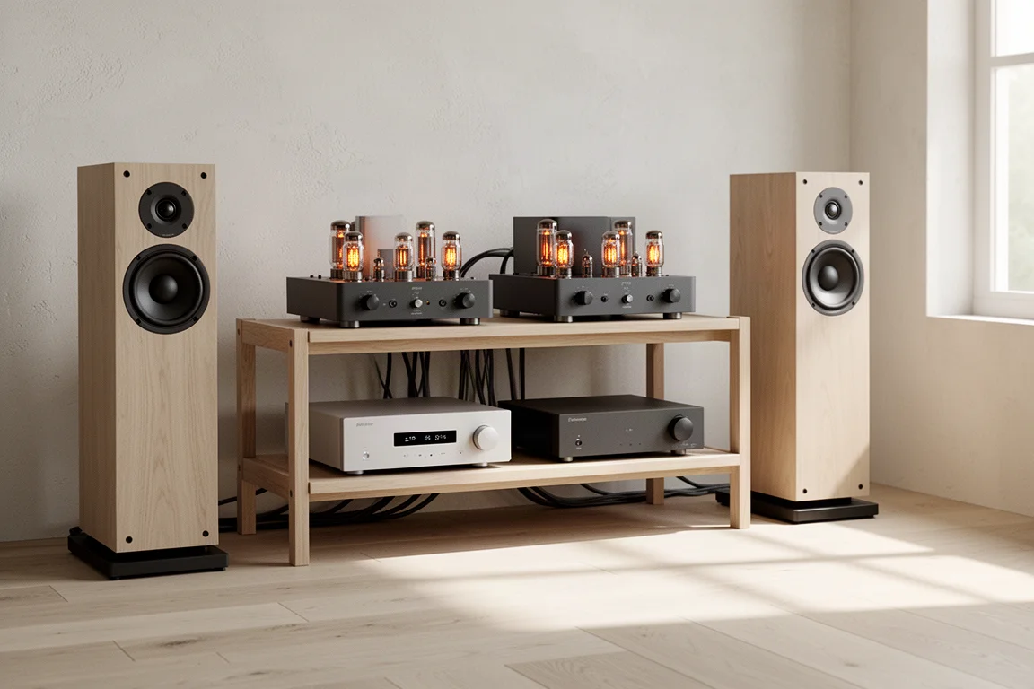 Rack hi-fi minimaliste avec deux amplificateurs et des enceintes bibliothèque dans une pièce lumineuse