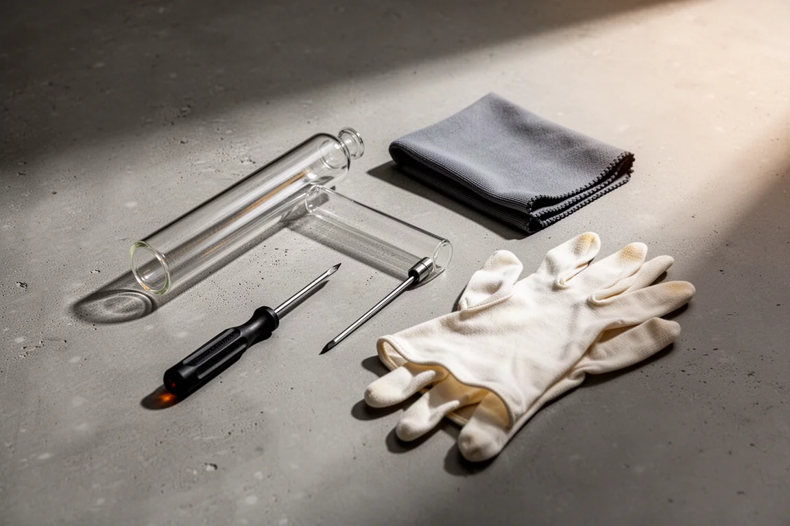 Vue du dessus d'un tube électronique, d'un tournevis, d'un chiffon et de gants sur du béton