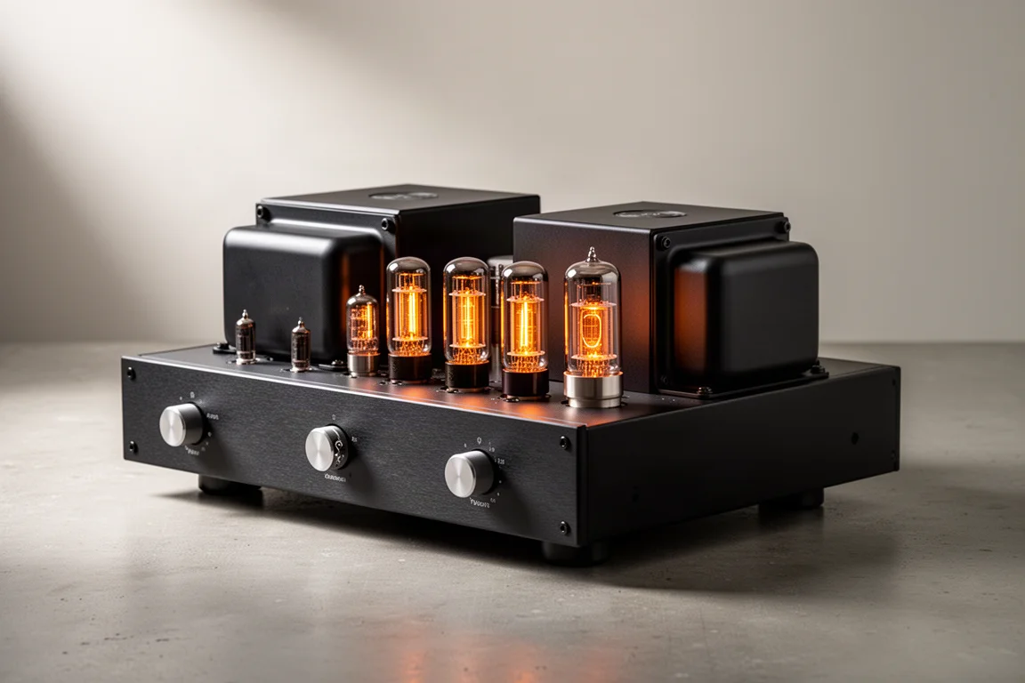 Tube integrated amplifier with glowing vacuum tubes on a matte concrete surface