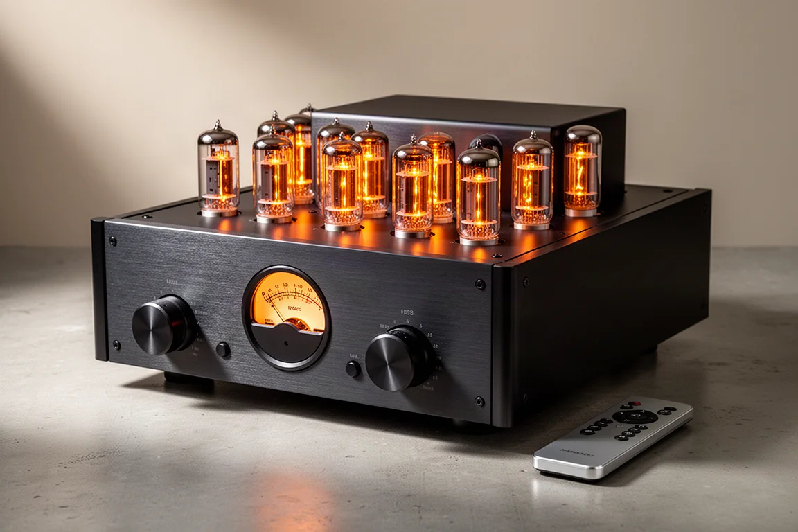 Large tube integrated amplifier with glowing vacuum tubes and an analog VU meter on concrete