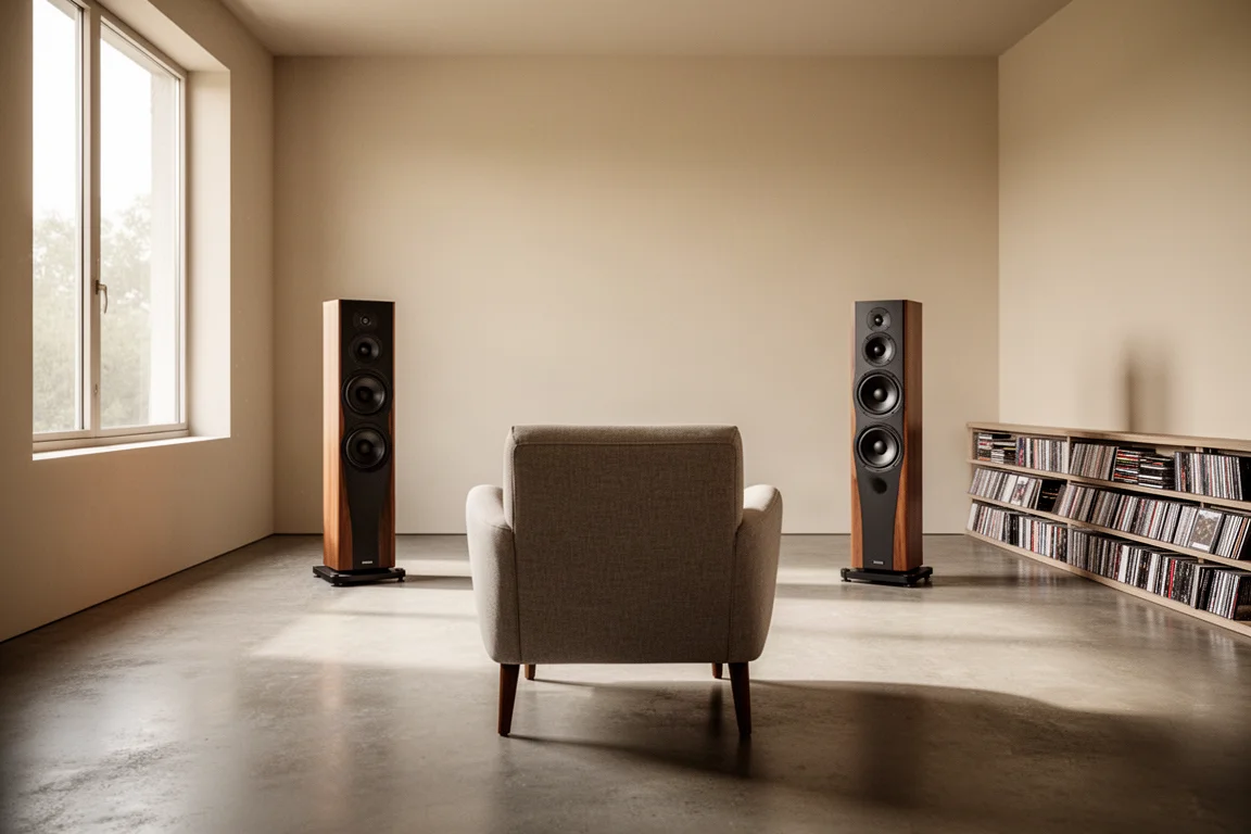 Quiet listening room with two tall floorstanding speakers and an armchair facing them