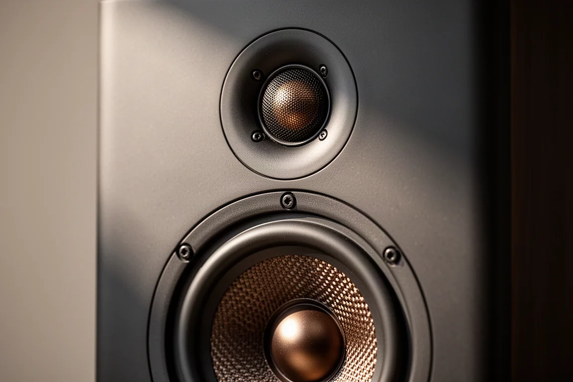 Close-up of a speaker driver array with a dome tweeter above a woven midrange cone