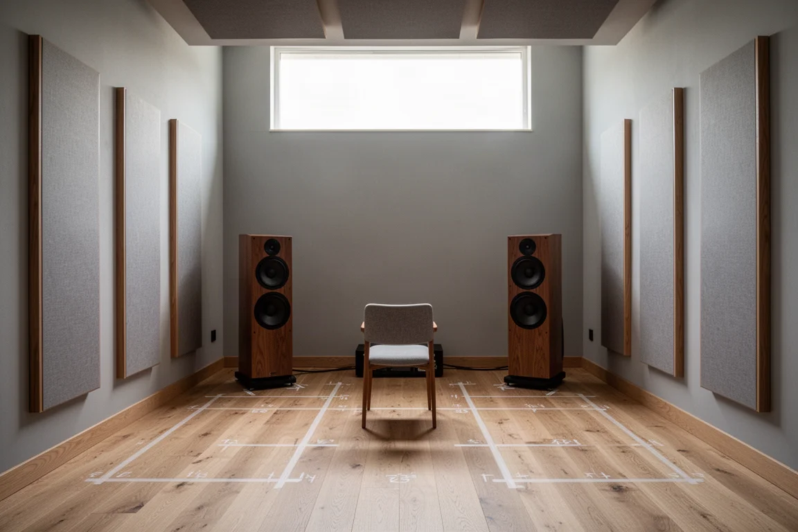 Listening room with marker tape on the floor and acoustic panels on the walls