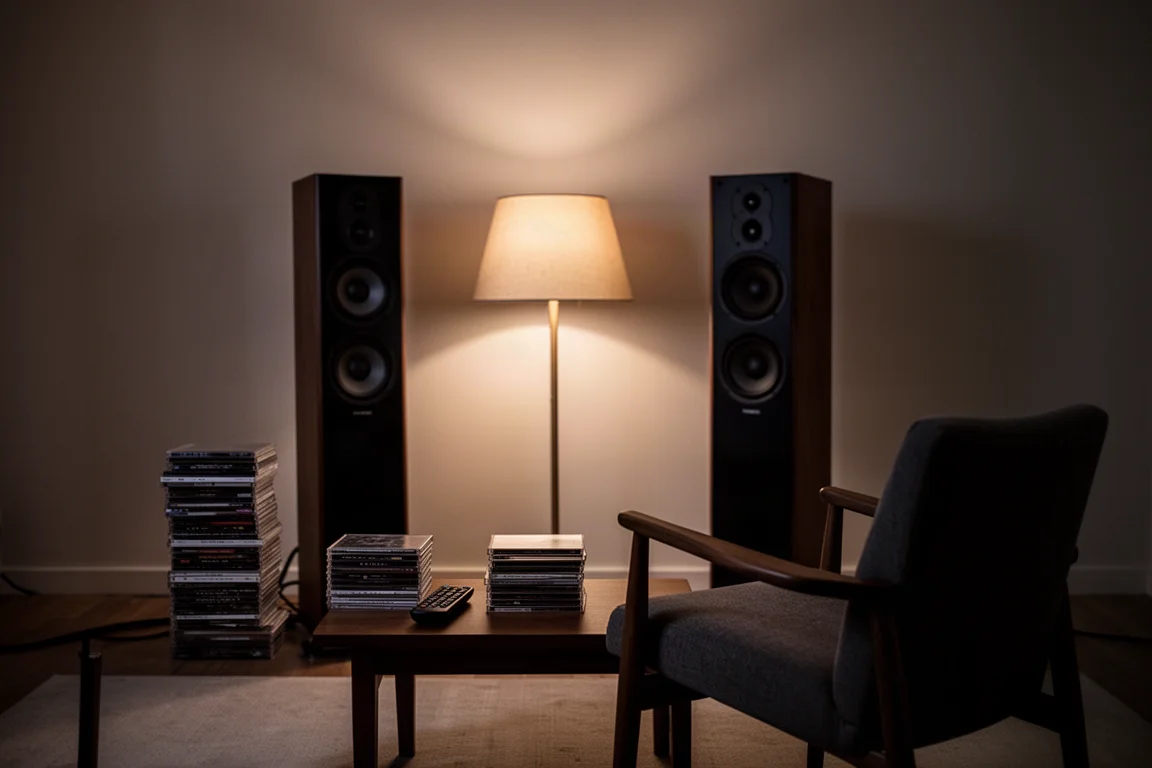 Dimly lit listening room at night with two floorstanding speakers and a stack of CDs