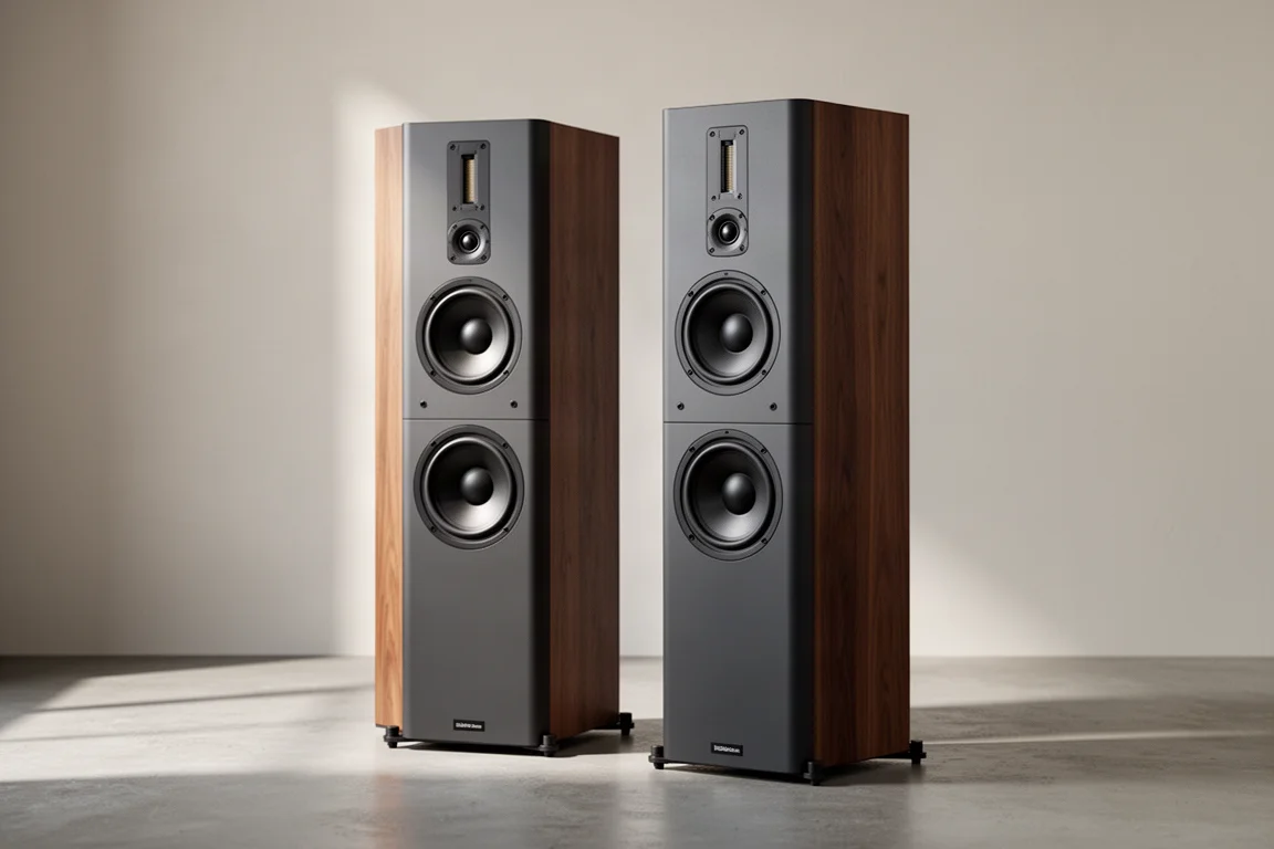 Pair of tall three-way floorstanding loudspeakers in a minimalist listening room