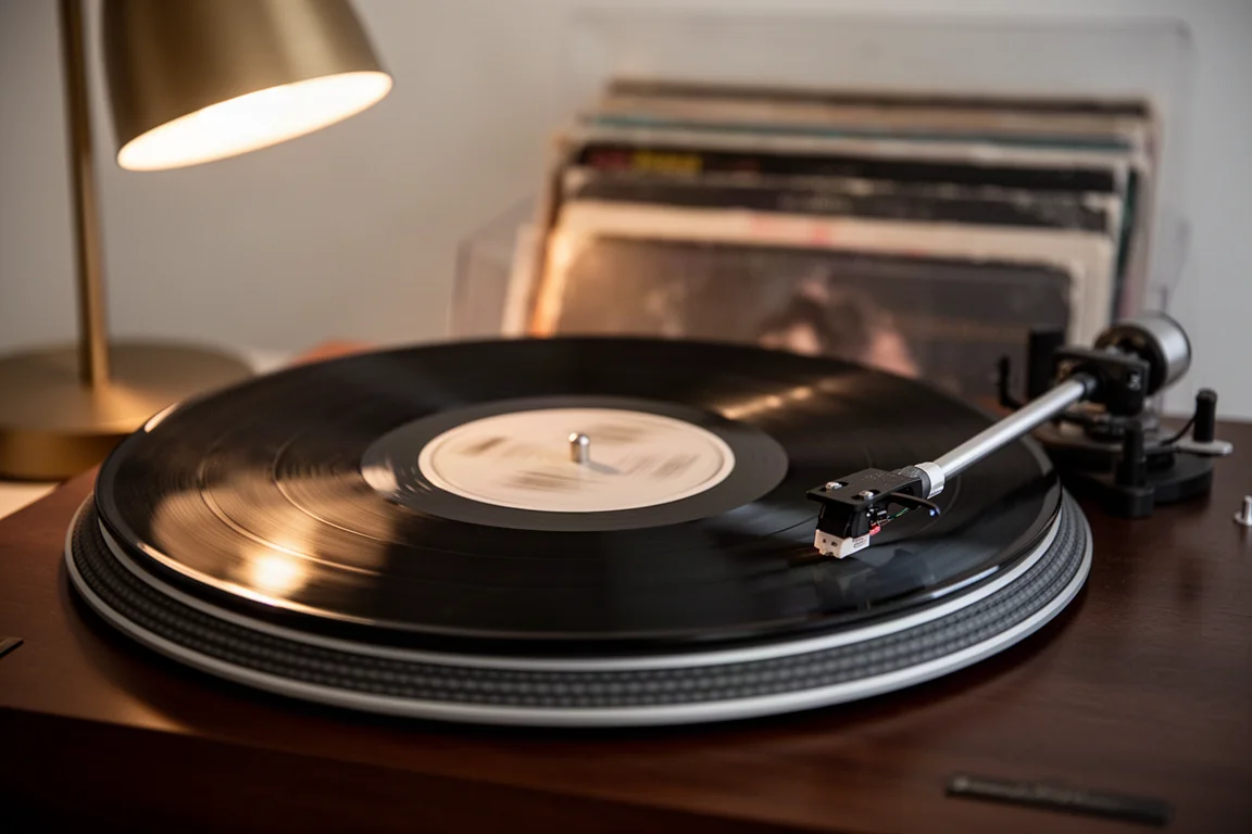暖かなランプの灯りの下でターンテーブルが回っているレコード盤