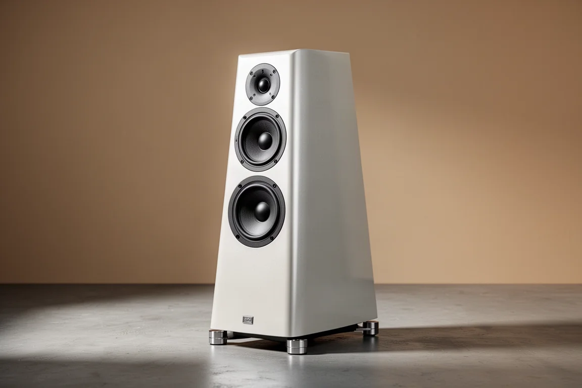 Compact pale floorstanding loudspeaker with tapered cabinet on a concrete floor