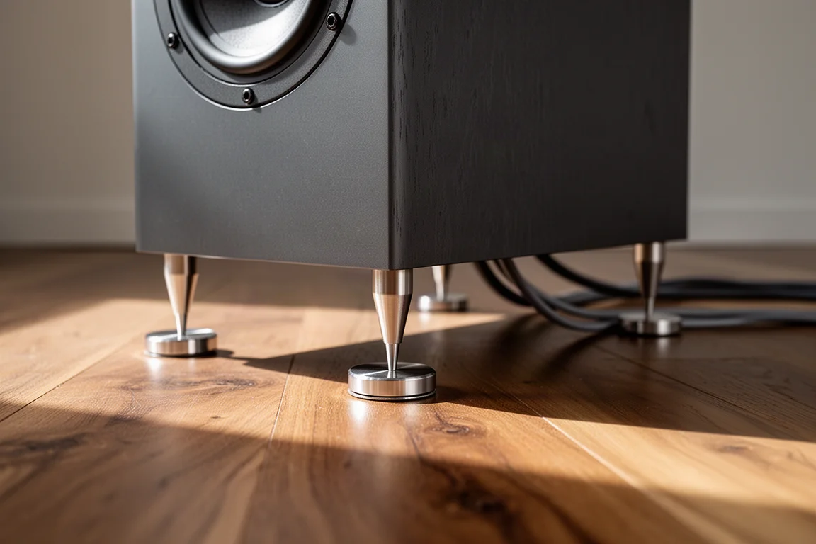 Spikes pesados apoiados em discos metálicos sobre piso de madeira