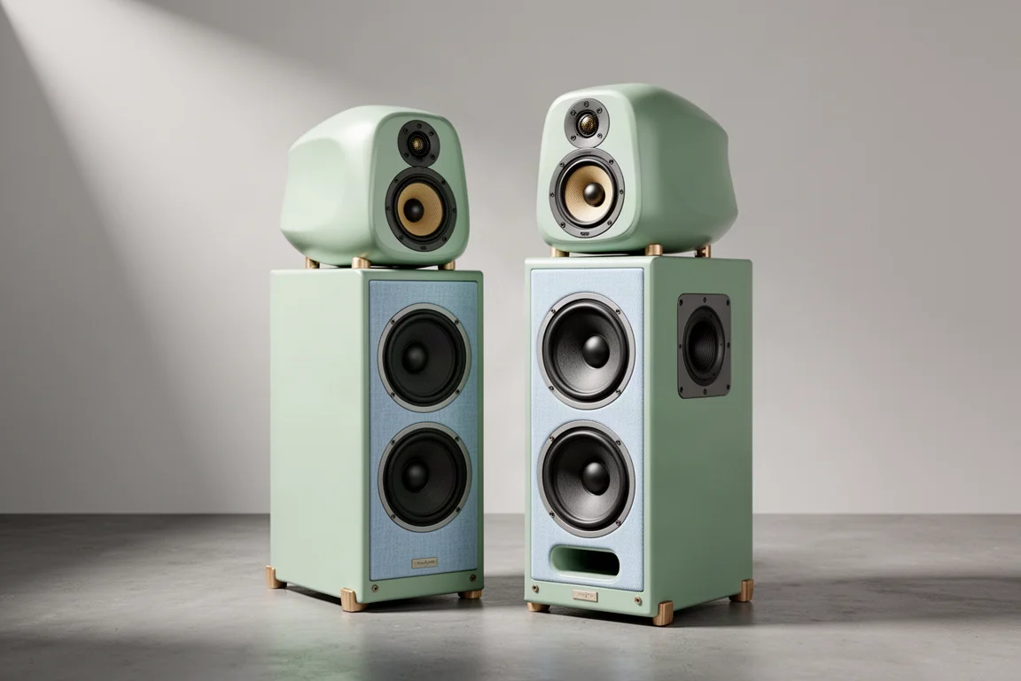 Two floorstanding speakers in green finish with blue grille cloth on concrete