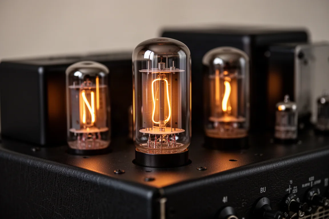Gros plan sur des tubes à vide rayonnants à l'intérieur d'un châssis d'amplificateur sombre