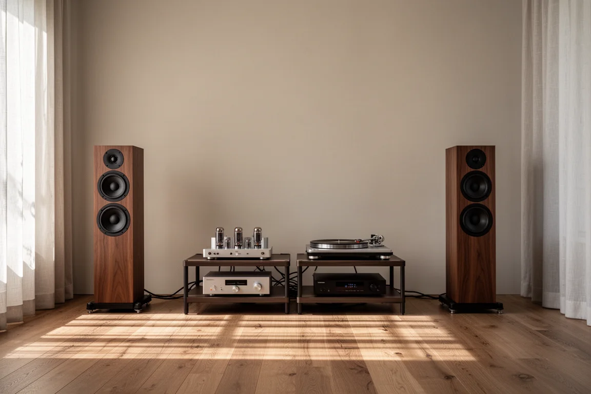 Salon avec des enceintes colonnes, un rack hi-fi et un petit amplificateur à tubes